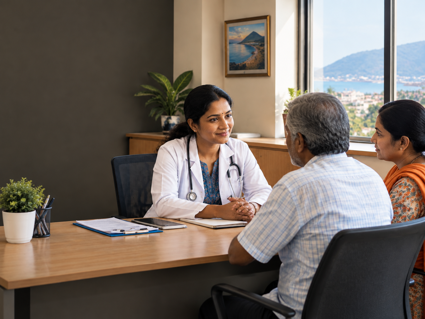 Doctor speaking with an elderly patient and family member during a consultation