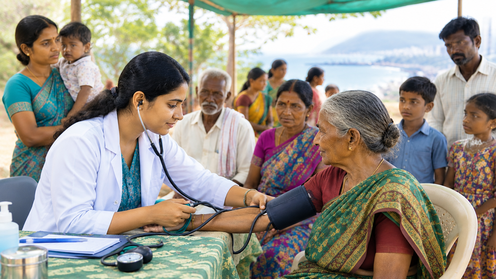 A doctor caring for an older woman at a community medical camp