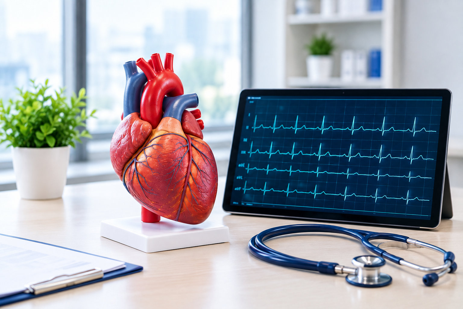 Anatomical heart model beside an ECG trace on a monitor