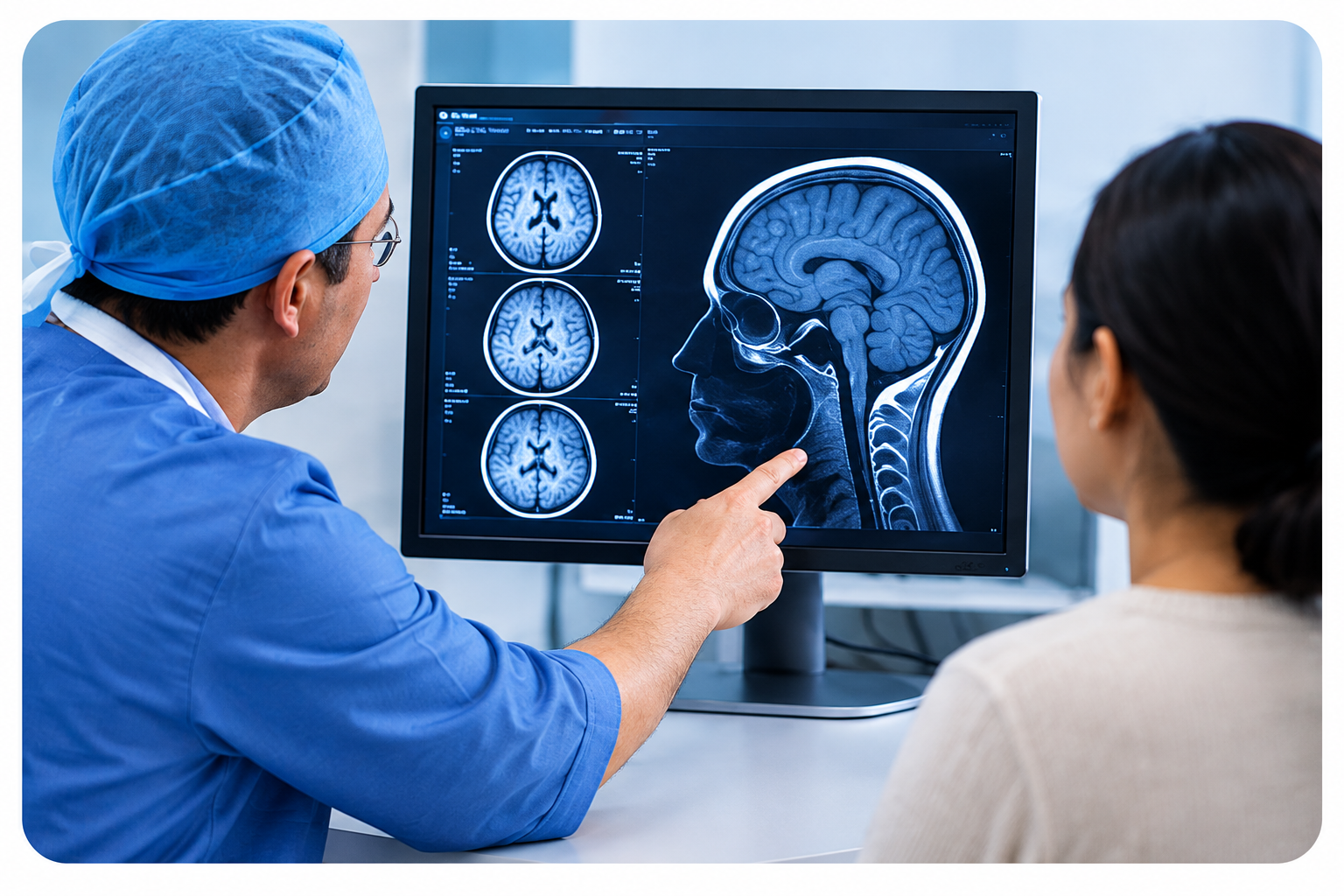 Neurosurgeon reviewing brain scan imaging with a patient