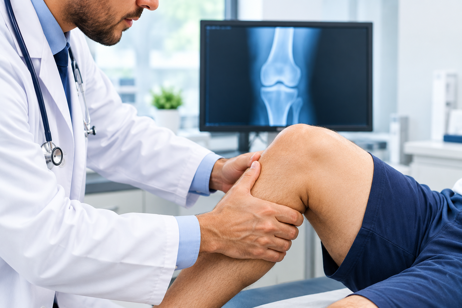 Doctor examining a patient's knee, with a knee X-ray shown on the screen behind them