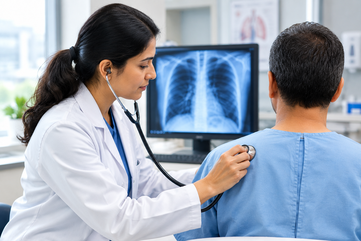 Doctor listening to a patient's chest with a stethoscope, a chest X-ray shown on the screen behind them