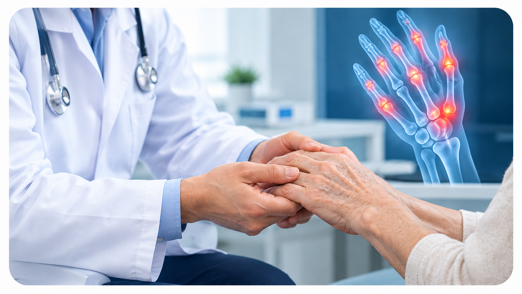 Doctor examining a patient's hand and finger joints
