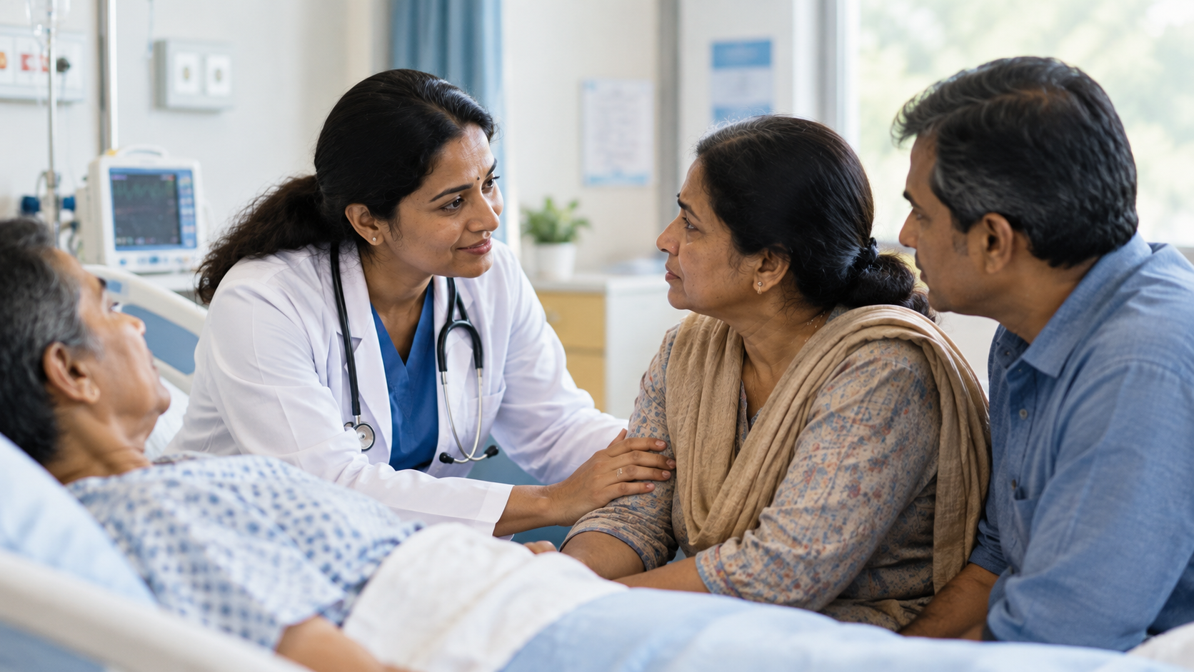 A doctor gently reassuring a worried family member in a hospital room