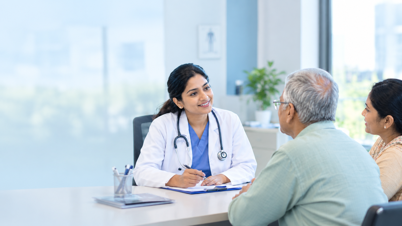 A doctor listening to a patient and his family