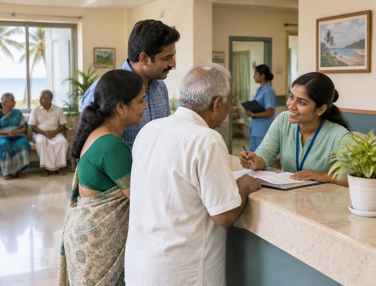 Hospital staff warmly helping a patient and family at reception